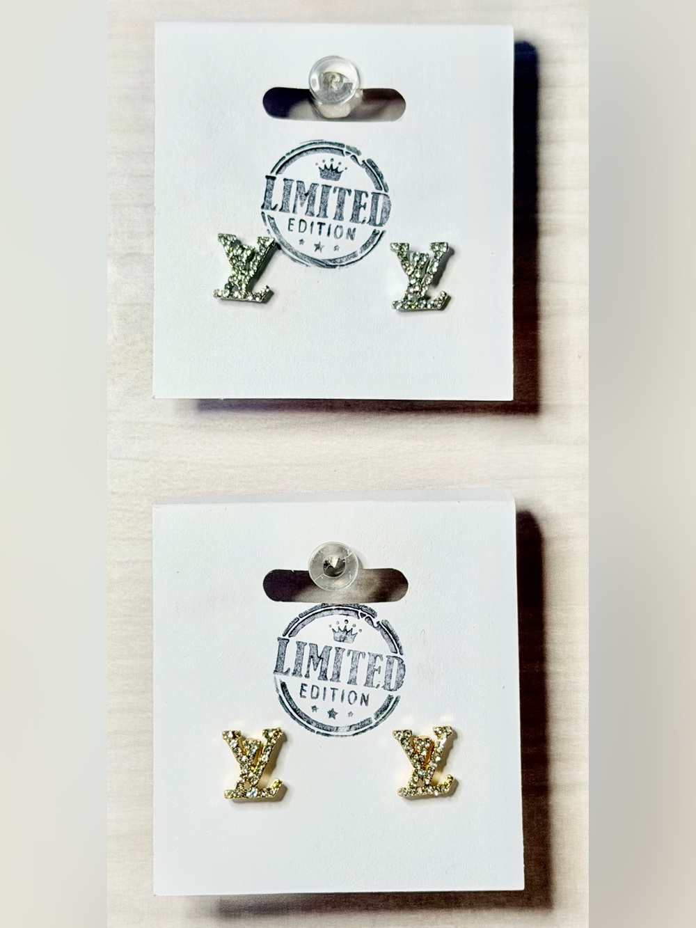 LV Rhinestone Stud Earrings - One Pair with choice of Silver or Gold